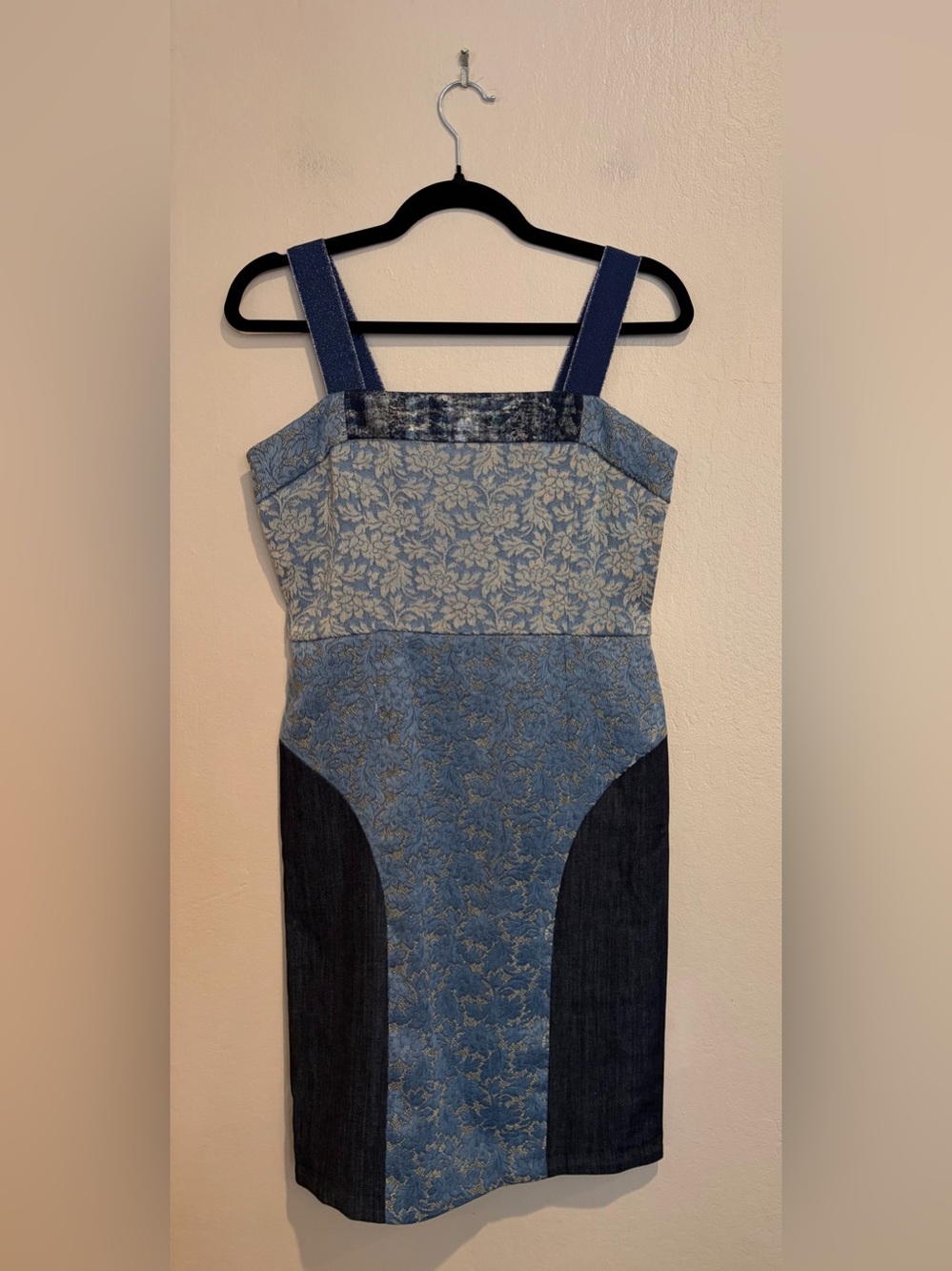 Save The Queen Italian Blue Floral Denim Patchwork Sheath Dress, Girlie Flirty